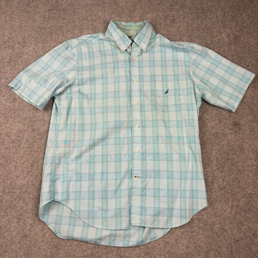 Nautica Button Down Shirt Mens L Teal Plaid Short Sleeve Classic Fit Cotton